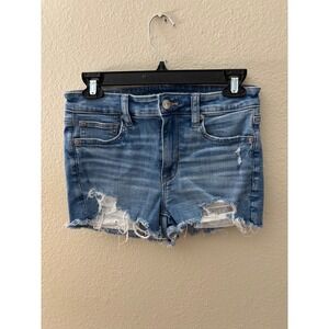 American Eagle High Rise Shortie Distressed Denim Shorts Blue 4
A938